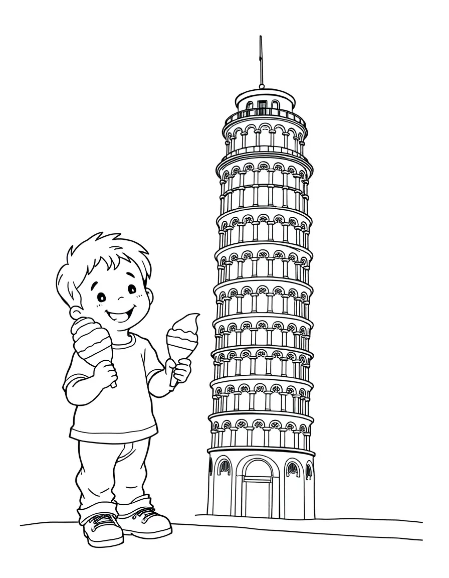 A happy child enjoying gelato and a leaning tower for Italy.