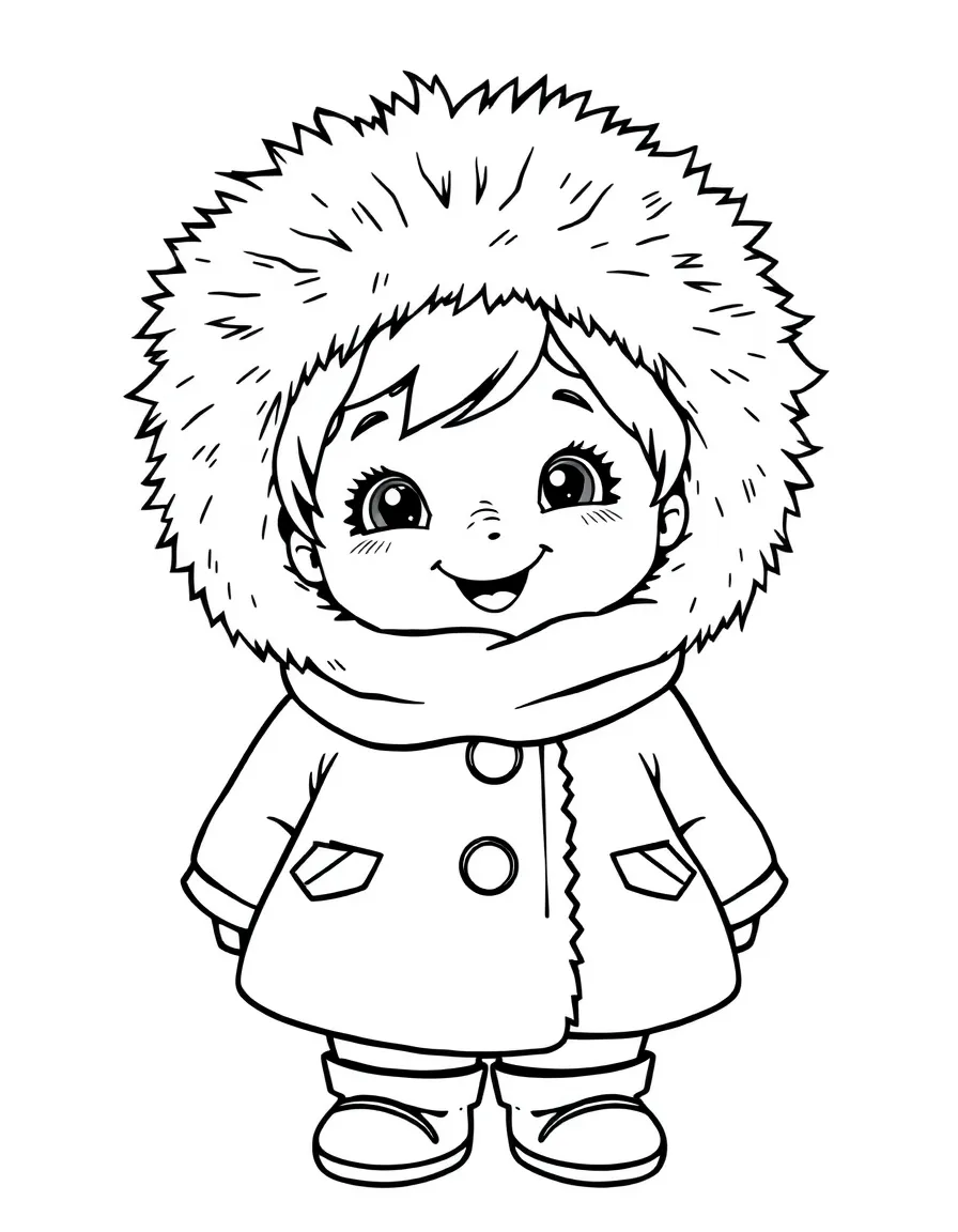 A cheerful child with a fur hat and a big coat for Russia.