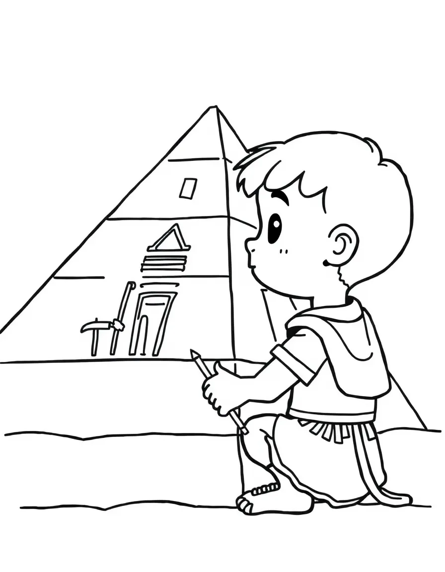 A child drawing hieroglyphs on a pyramid for Egypt.