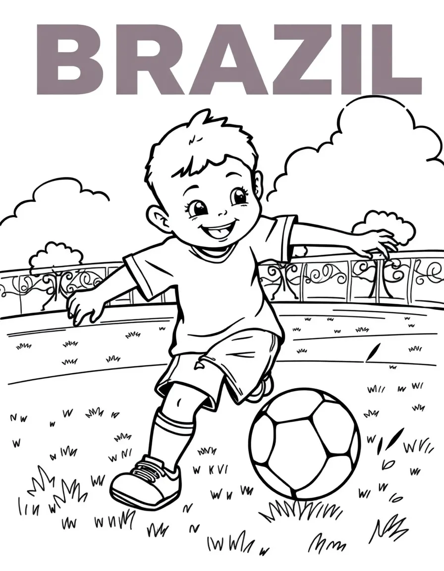 A smiling child playing soccer on a vibrant green field for Brazil.