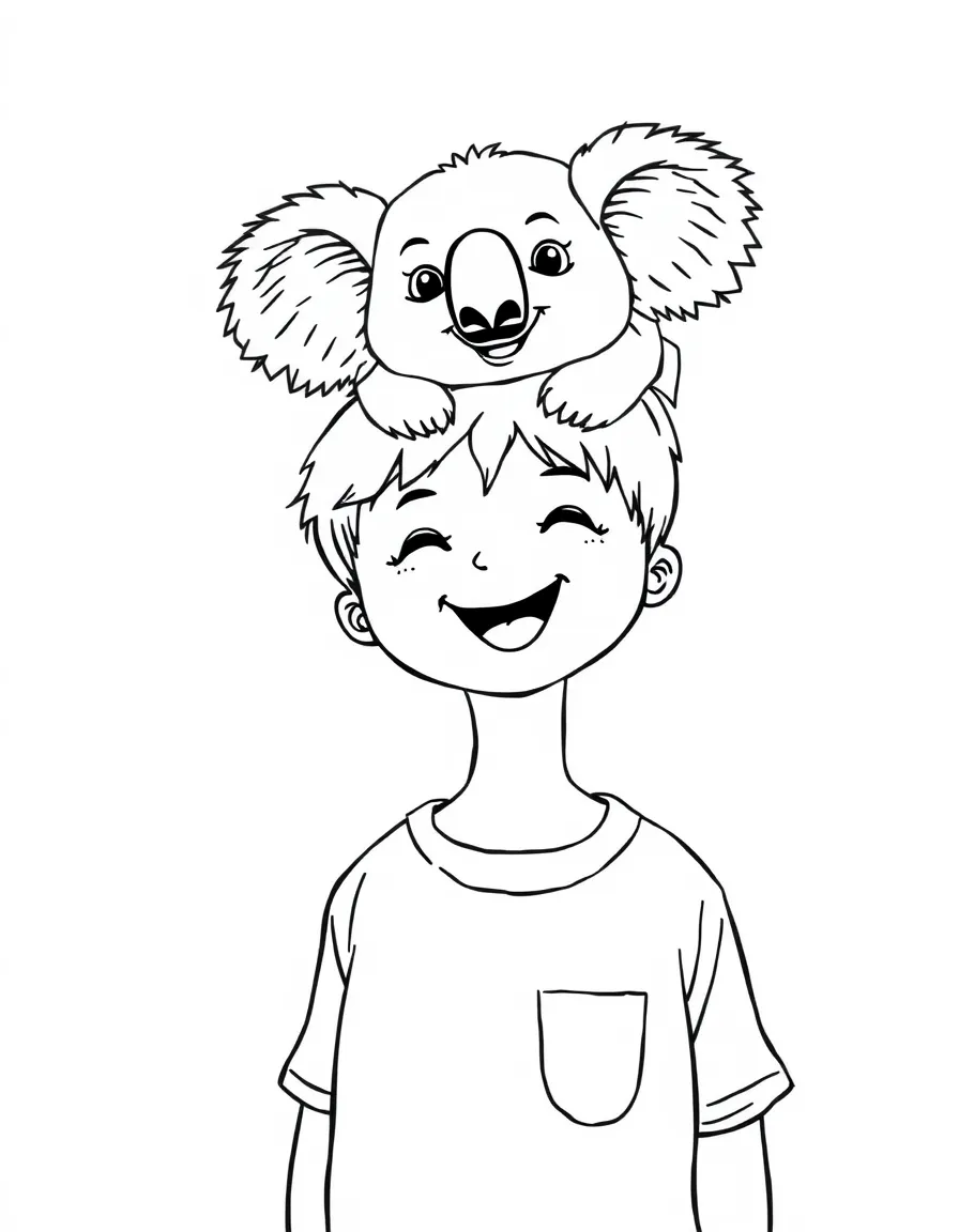 A happy child holding a koala on their head for Australia.