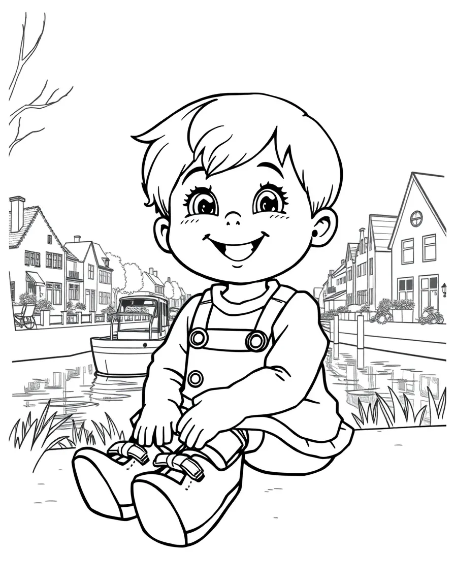 A smiling child wearing wooden clogs and sitting by a canal for Netherlands.