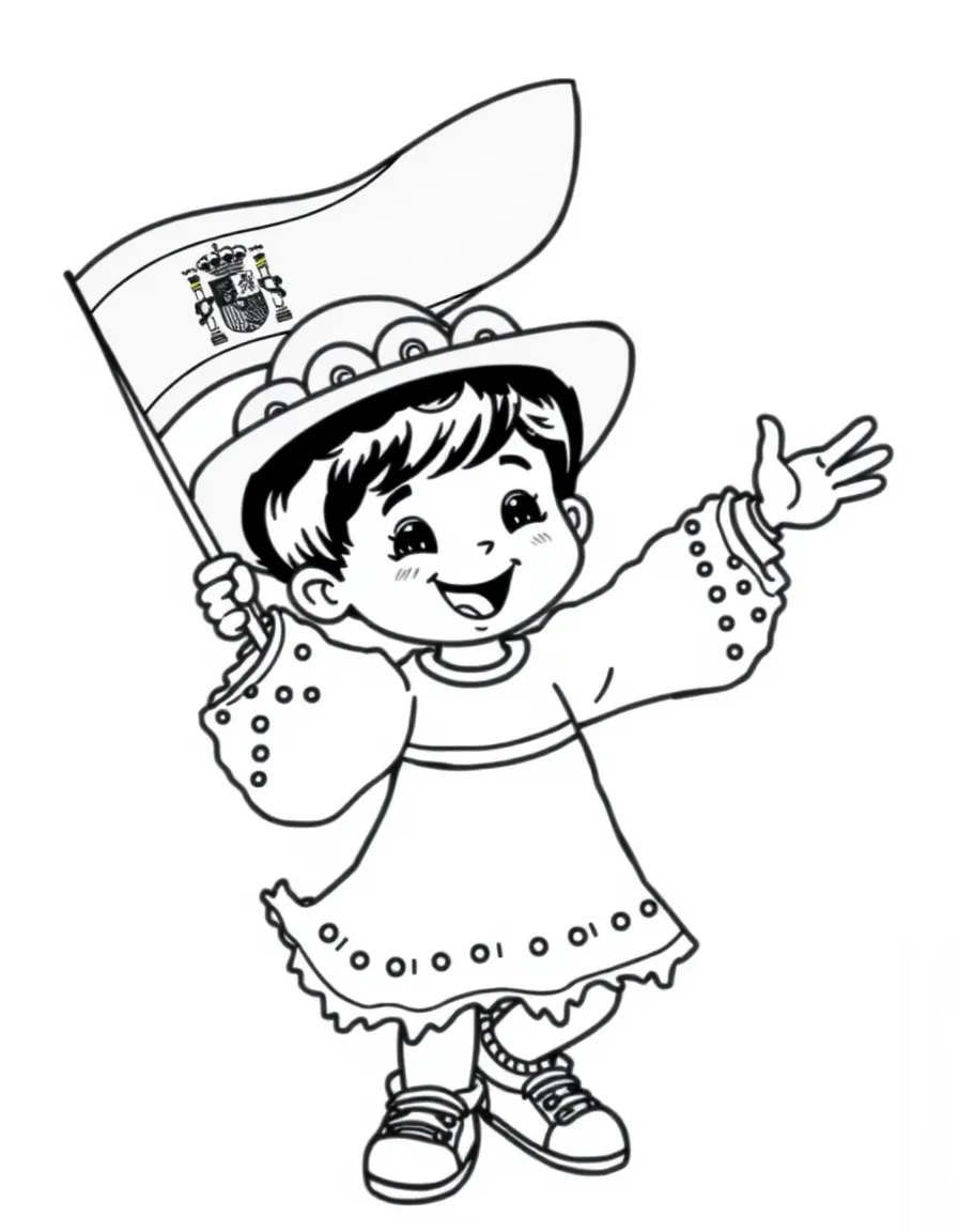 A happy child waving a Spanish flag and dancing flamenco for Spain.