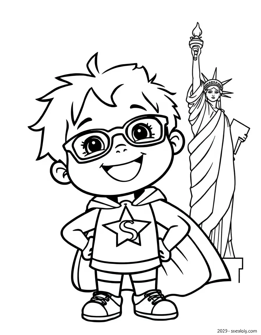 A cheerful child with a superhero cape and the Statue of Liberty for USA.