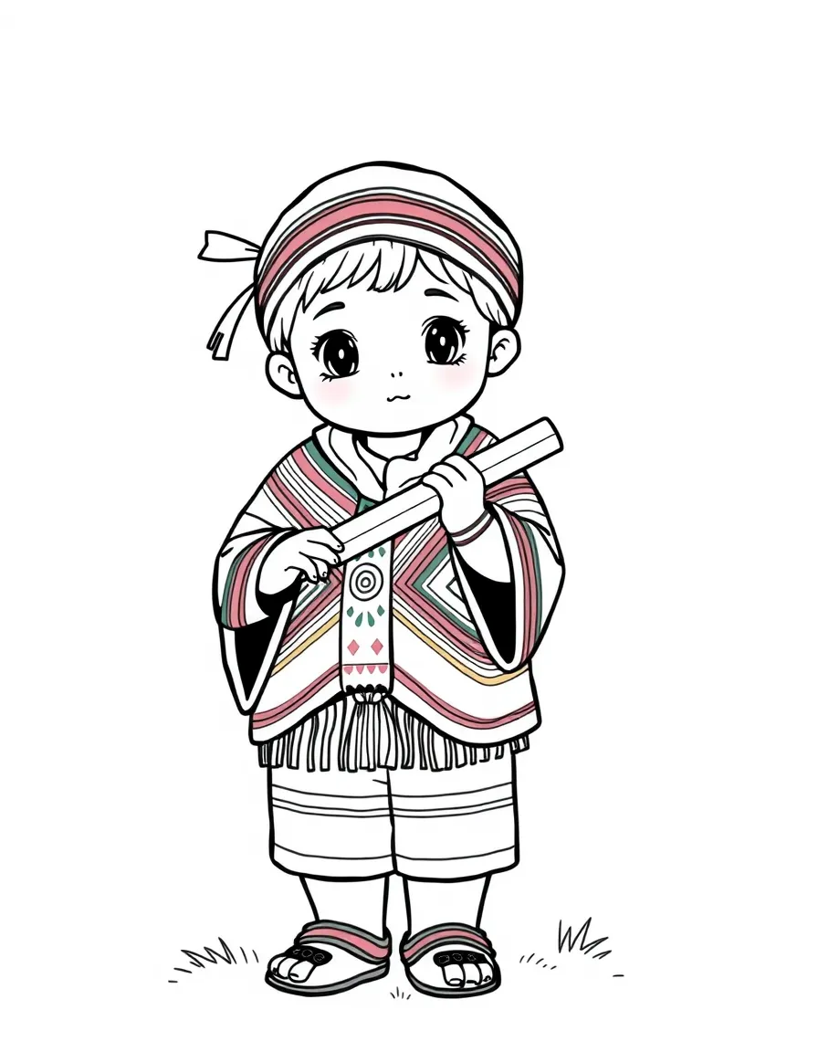 A child with a colorful blanket (poncho) and a flute for Peru.