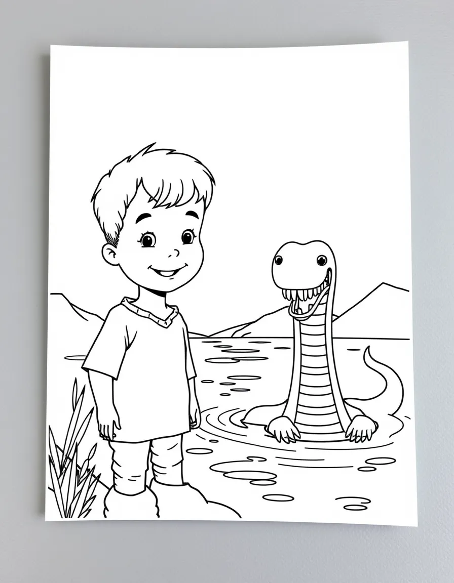 A smiling child near a lake with a monster (Nessie) for Scotland.