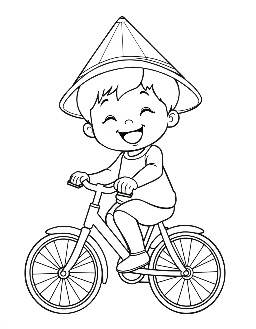 A cheerful child with a bicycle and a traditional Vietnamese hat for Vietnam.