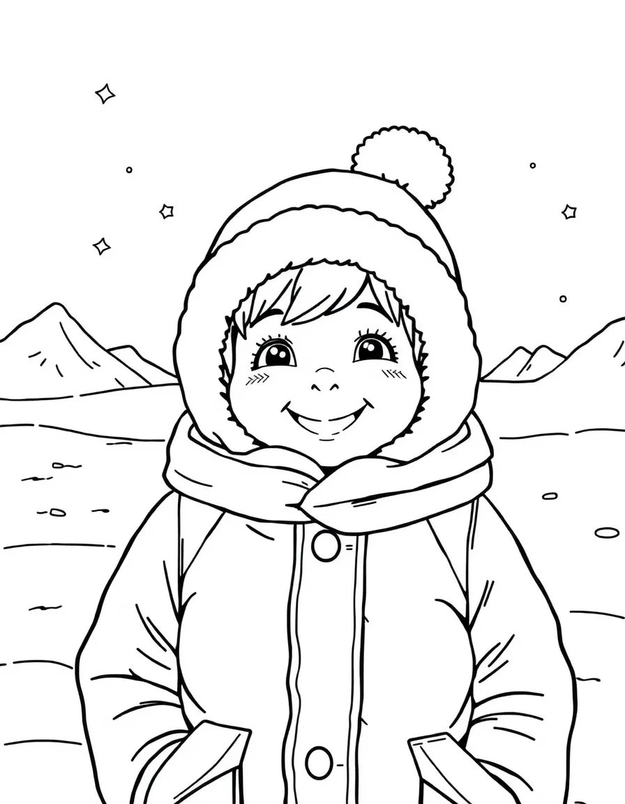 A smiling child bundled up in warm clothes in a snowy landscape for Antarctica.
