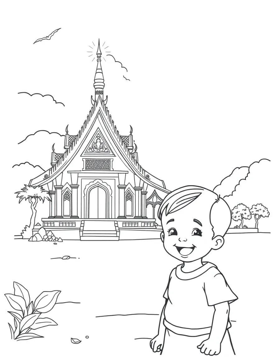 A smiling child near a temple for Thailand.