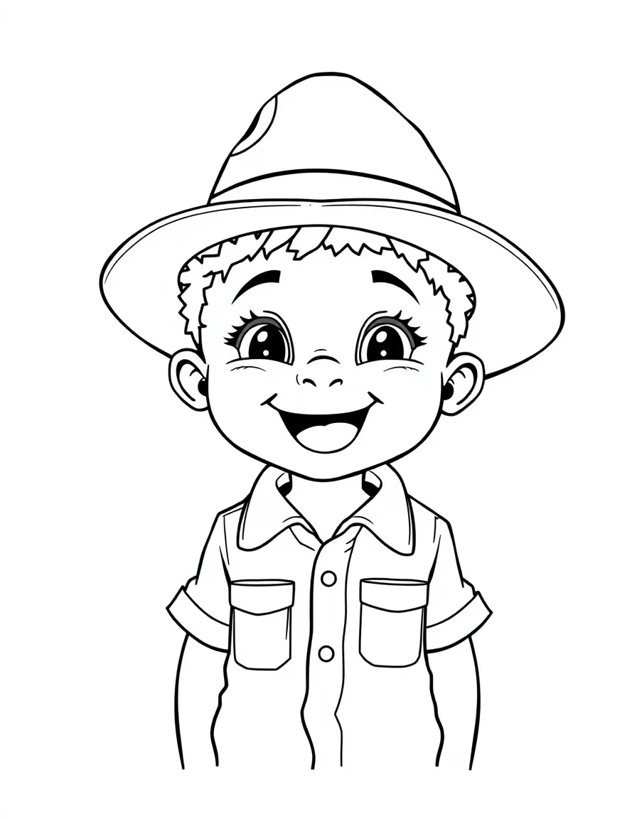 A happy child with a flag of South Africa and a safari hat.