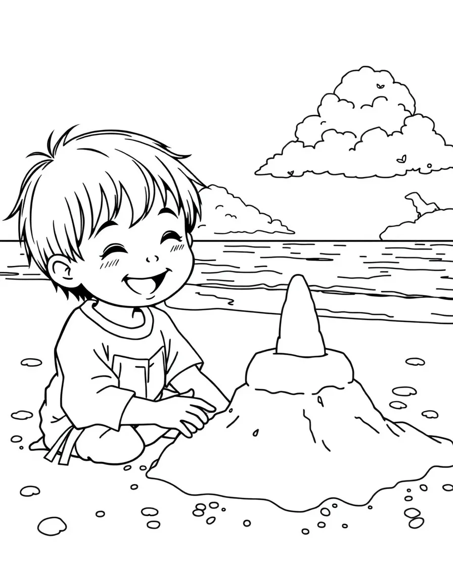 A smiling child building a sandcastle on a beautiful Japanese beach for Japan.