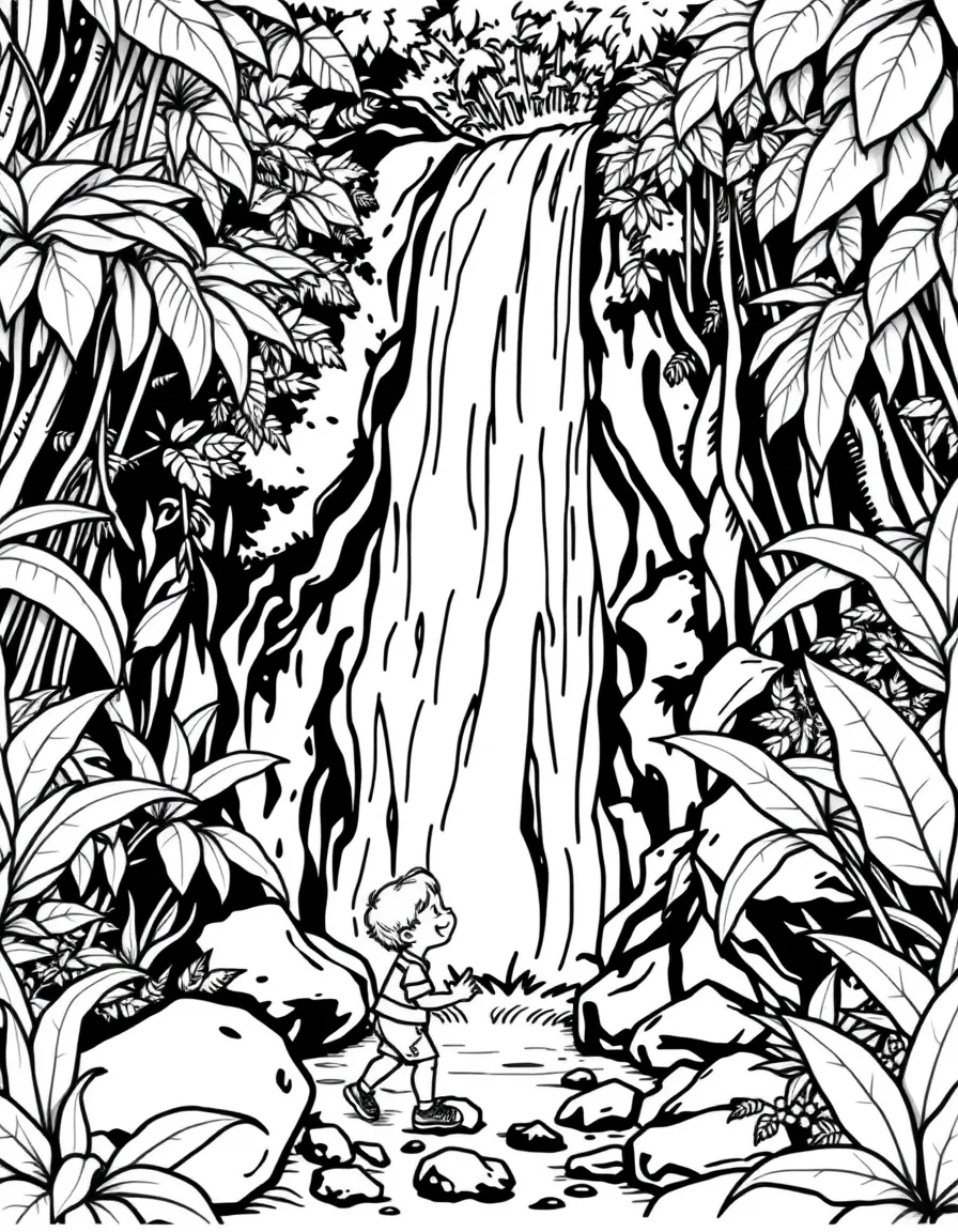 A happy child exploring a waterfall in a rainforest for Costa Rica.