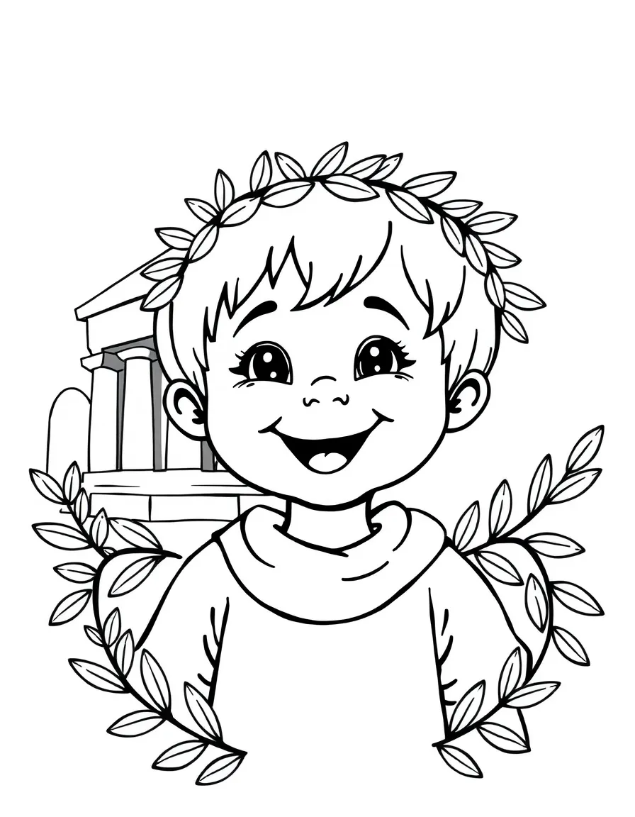 A cheerful child with a wreath of olive leaves and a Greek temple for Greece.