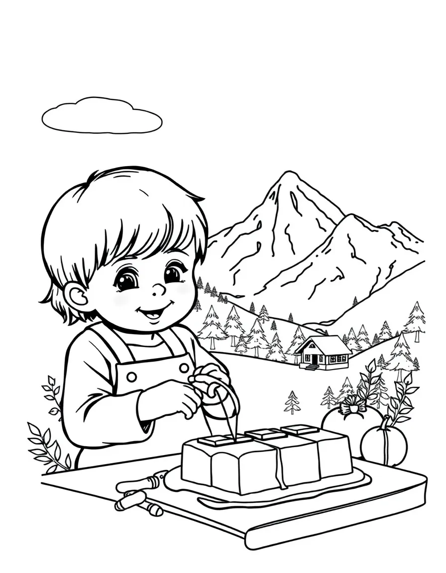 A child making Swiss chocolate with a mountain backdrop for Switzerland.