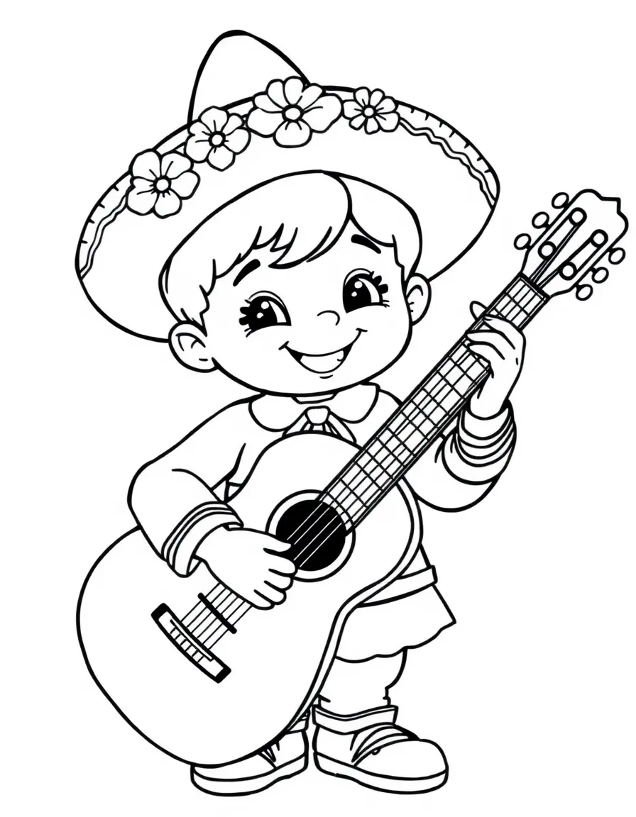 A smiling child playing mariachi music with a guitar for Mexico.