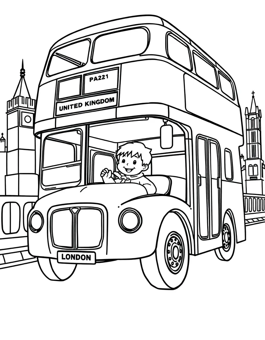 A happy child on a double-decker bus in London for United Kingdom.