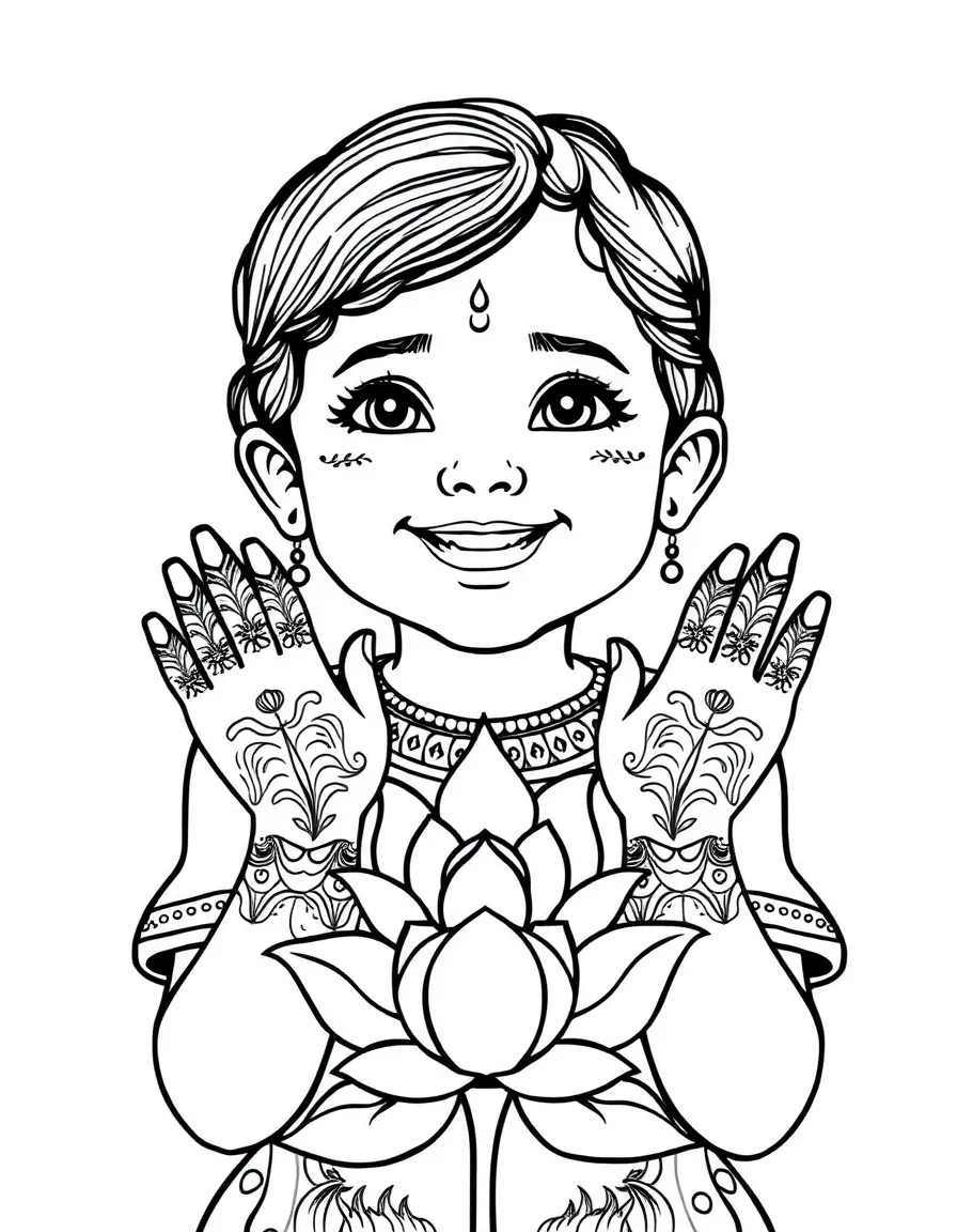 A cheerful child with henna on their hands and a lotus flower for India.