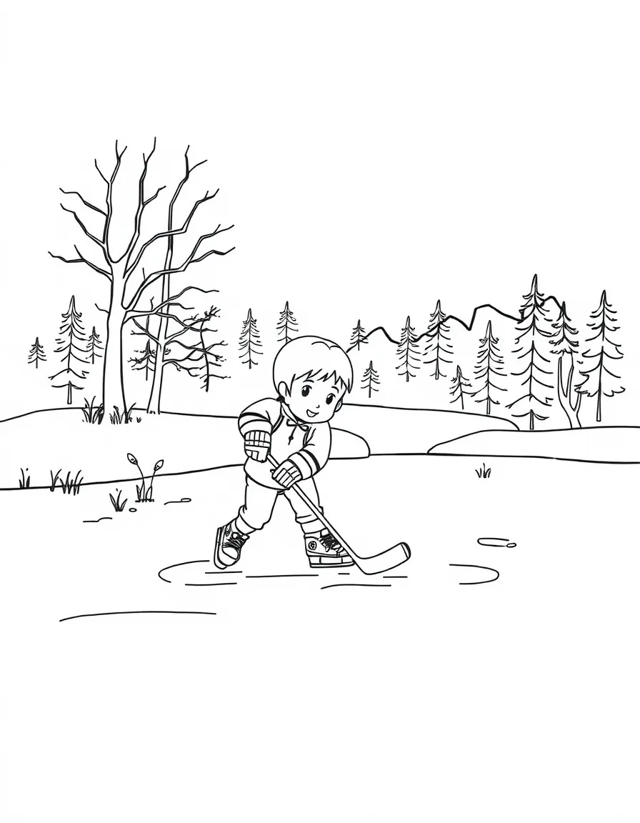A child playing ice hockey on a pond in Canada for Canada.
