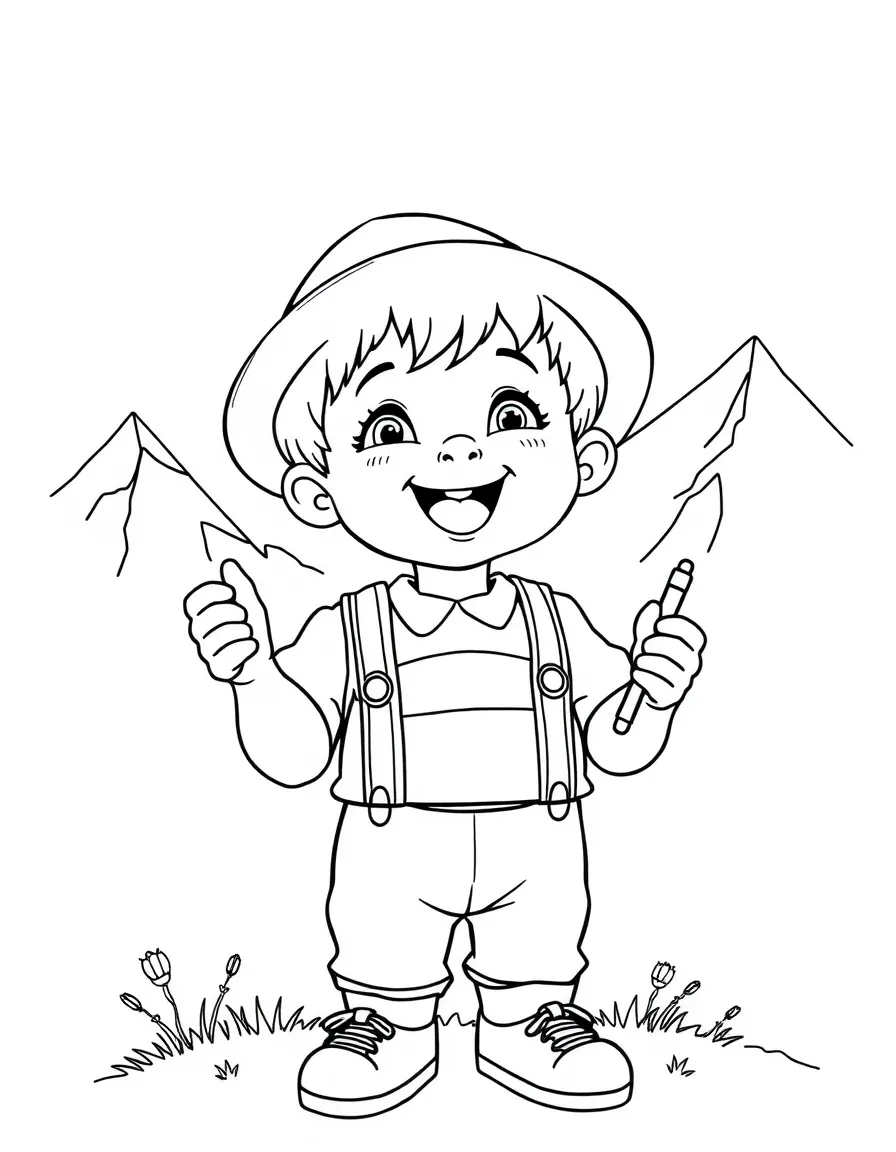 A smiling child wearing a lederhosen and yodeling in the Alps for Germany.