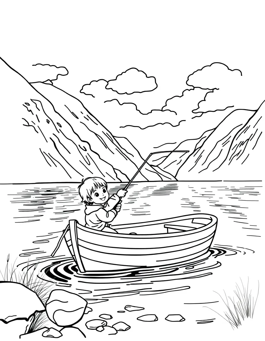 A happy child fishing in a fjord with a small boat for Norway.