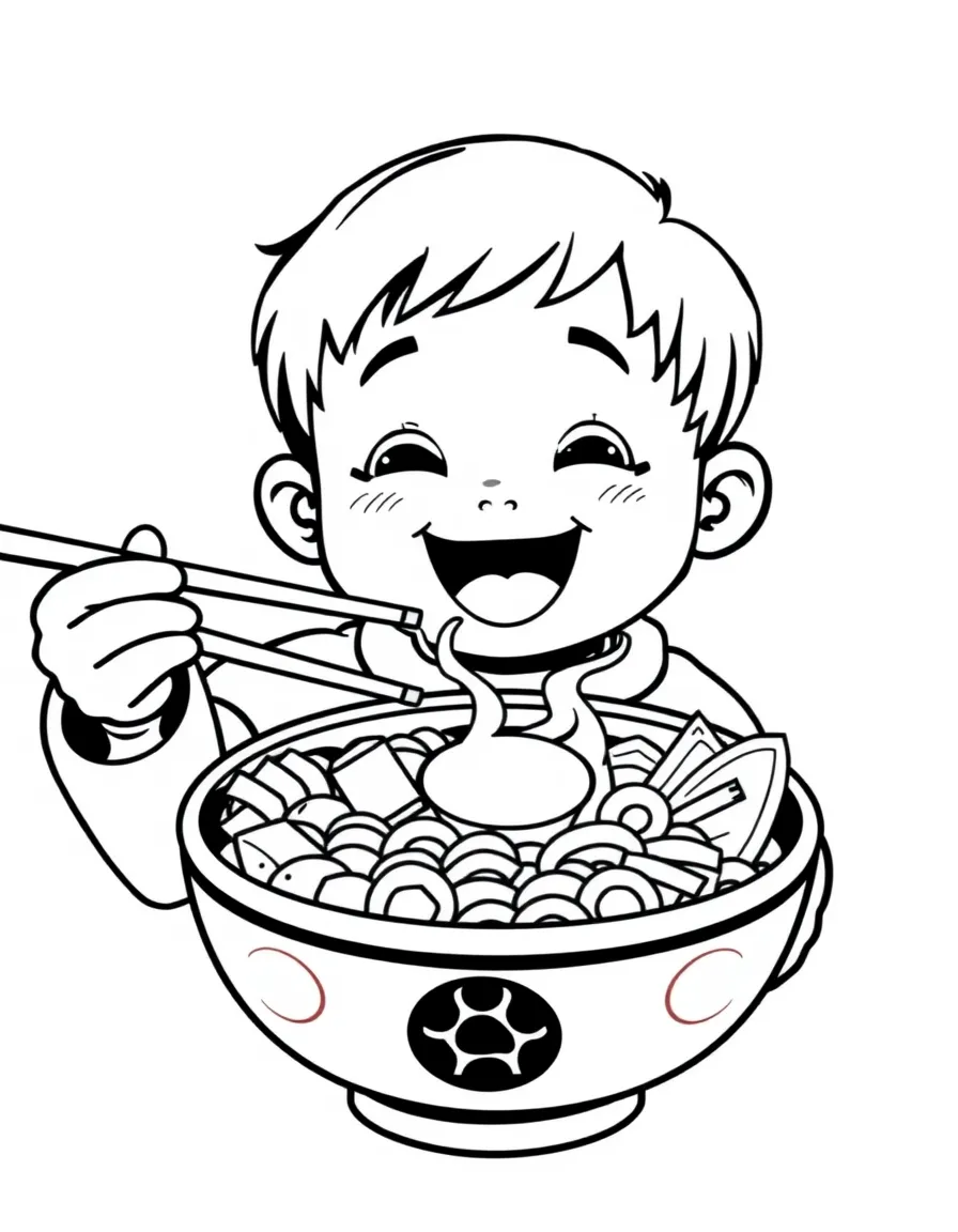A cheerful child eating bibimbap with chopsticks for South Korea.