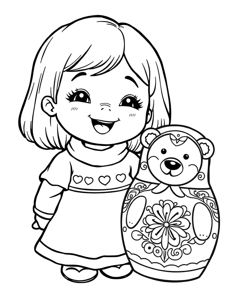 A cheerful child with a Russian nesting doll and a friendly bear for Russia.