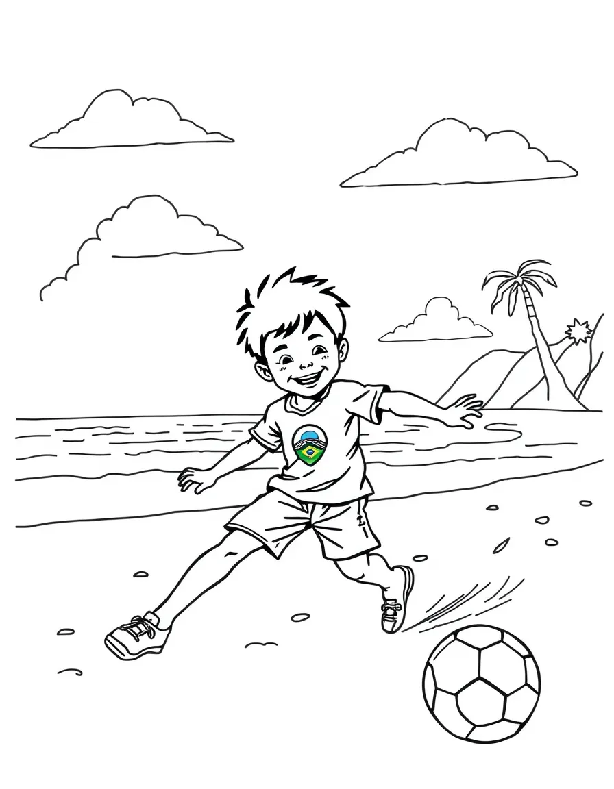 A smiling child playing football on a sunny beach in Brazil for Brazil.