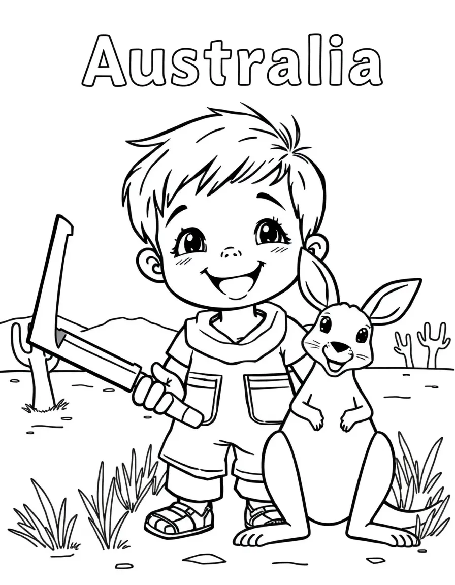 A happy child with a boomerang and a kangaroo in the Australian outback for Australia.
