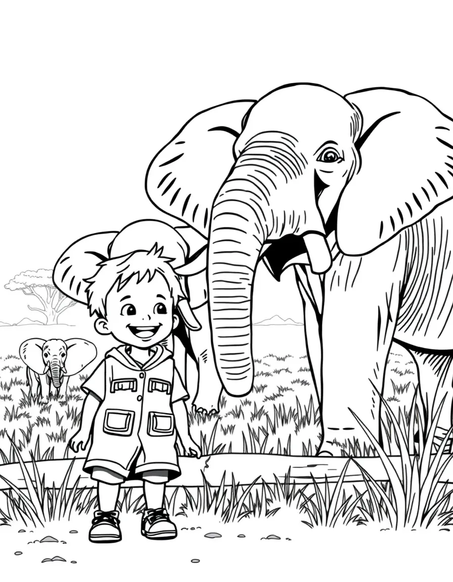 A cheerful child on a safari, looking at majestic elephants for Kenya.