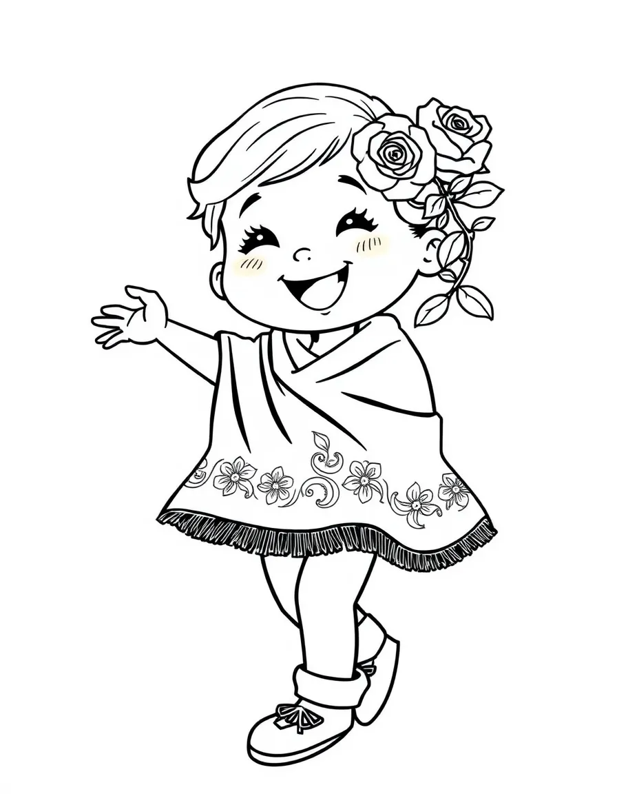 A happy child dancing with a Spanish shawl and a rose in their hair for Spain.