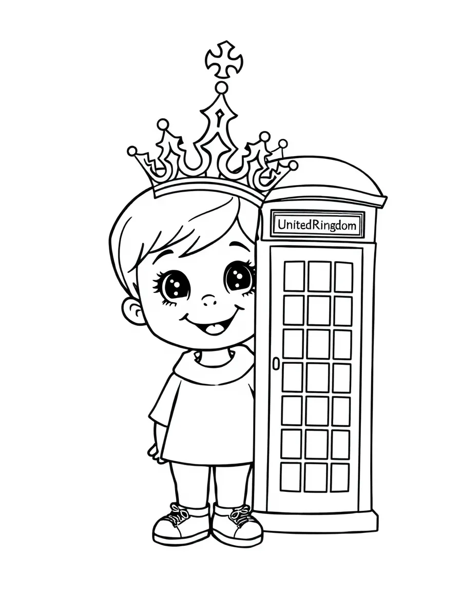 A smiling child with a British crown and a red phone booth for United Kingdom.