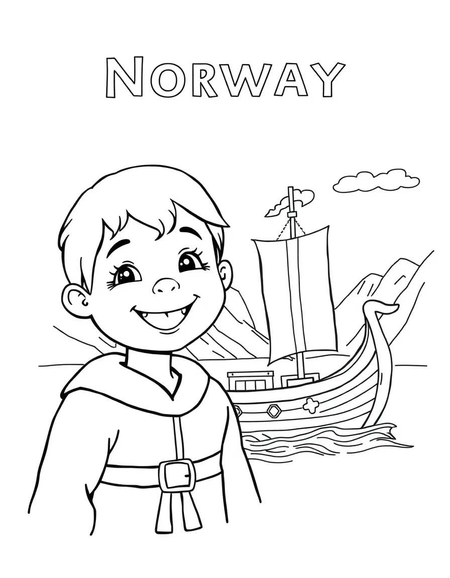 A smiling child with a Viking ship and a fjord in the background for Norway.