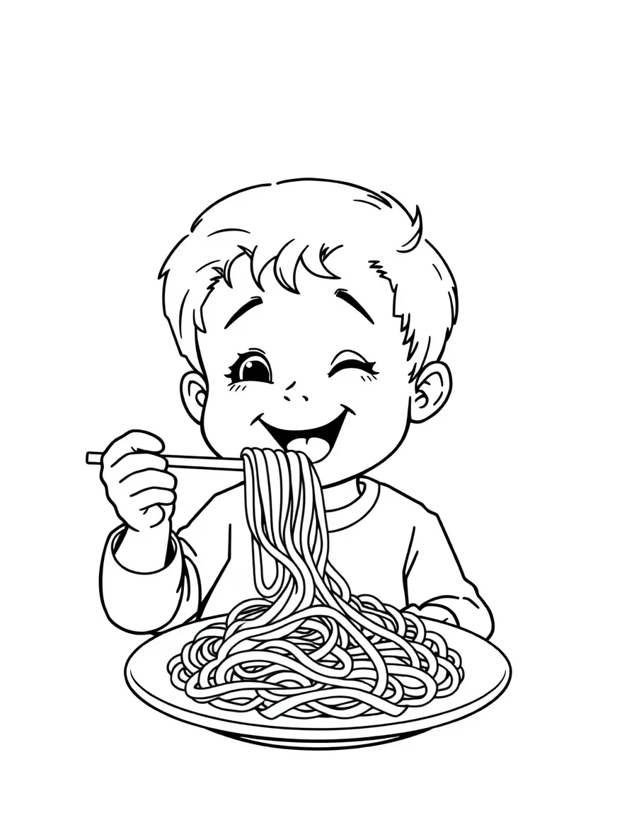 A happy child eating spaghetti for Italy.