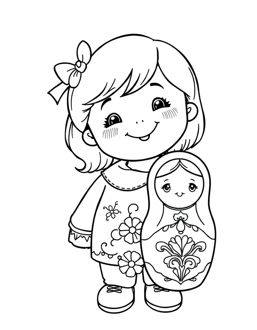 A cheerful child with a Russian nesting doll for Russia.