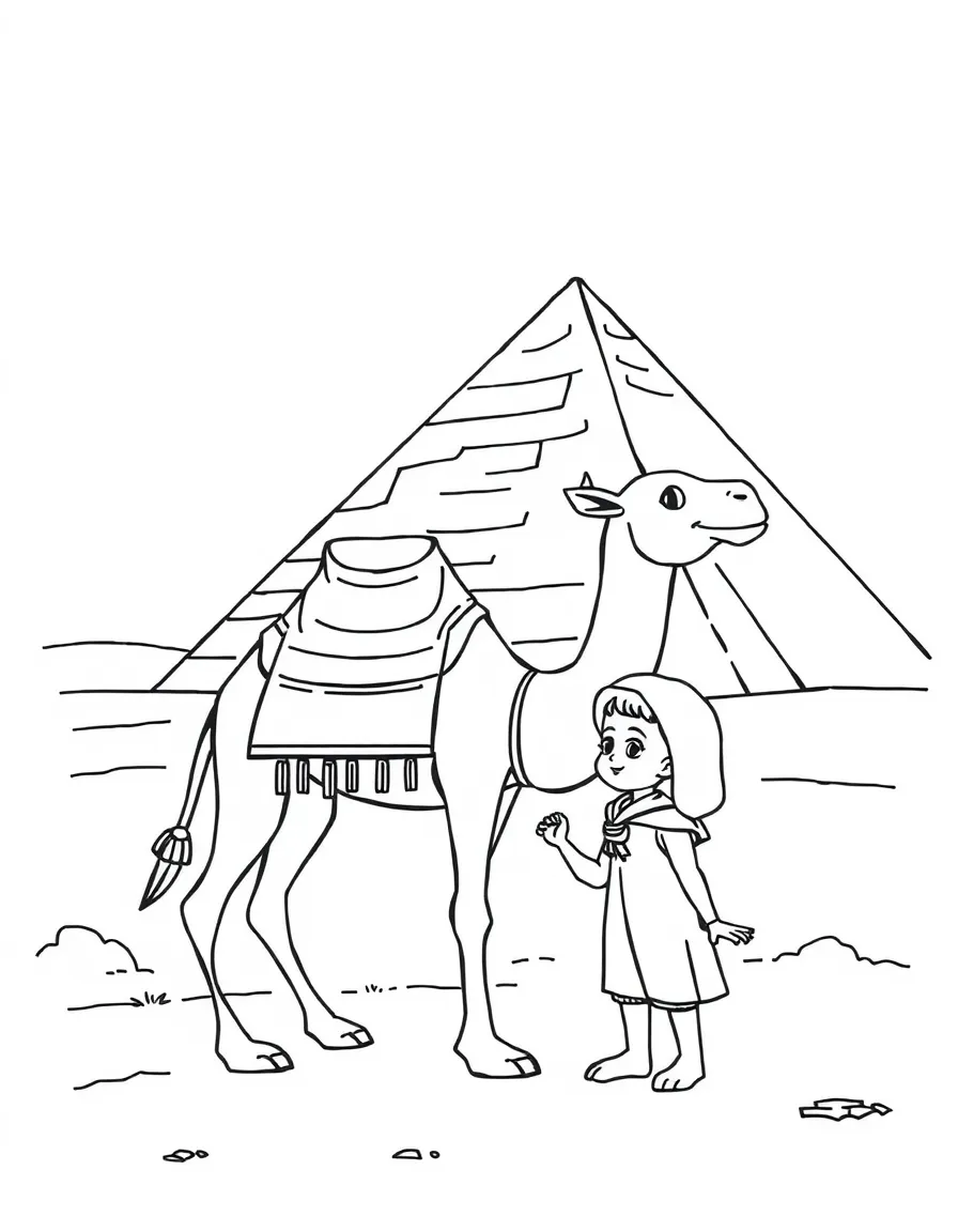 A child near a camel and a pyramid for Egypt.