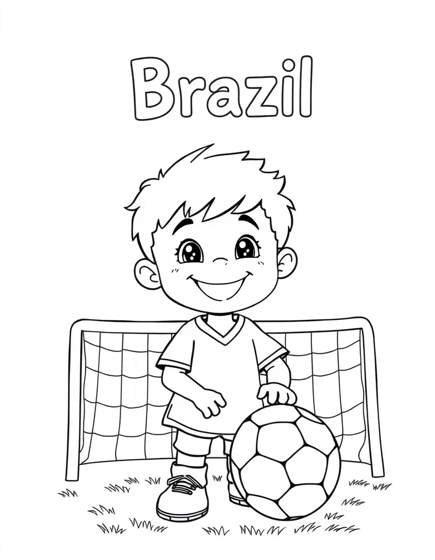 A smiling child with a football and a soccer goal for Brazil.