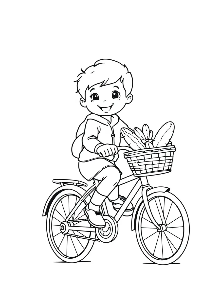A smiling child riding a bicycle with a basket of bread for Netherlands.