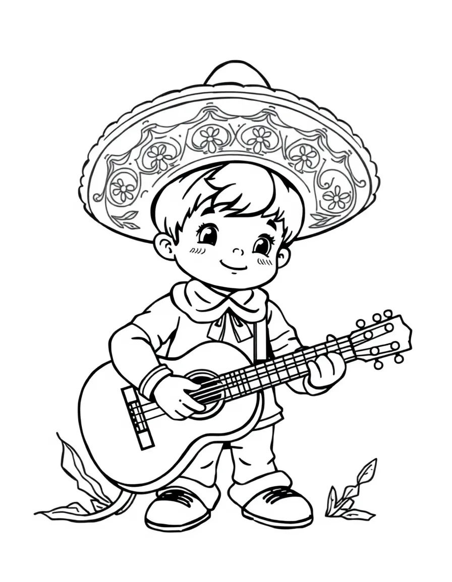 A child with a mariachi hat and a guitar for Mexico.