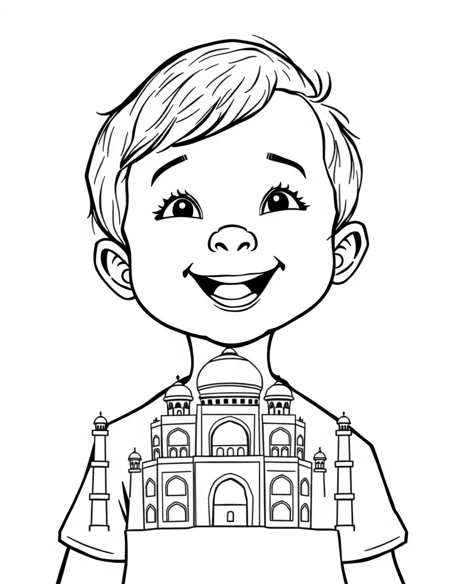 A happy child with a Taj Mahal drawing for India.