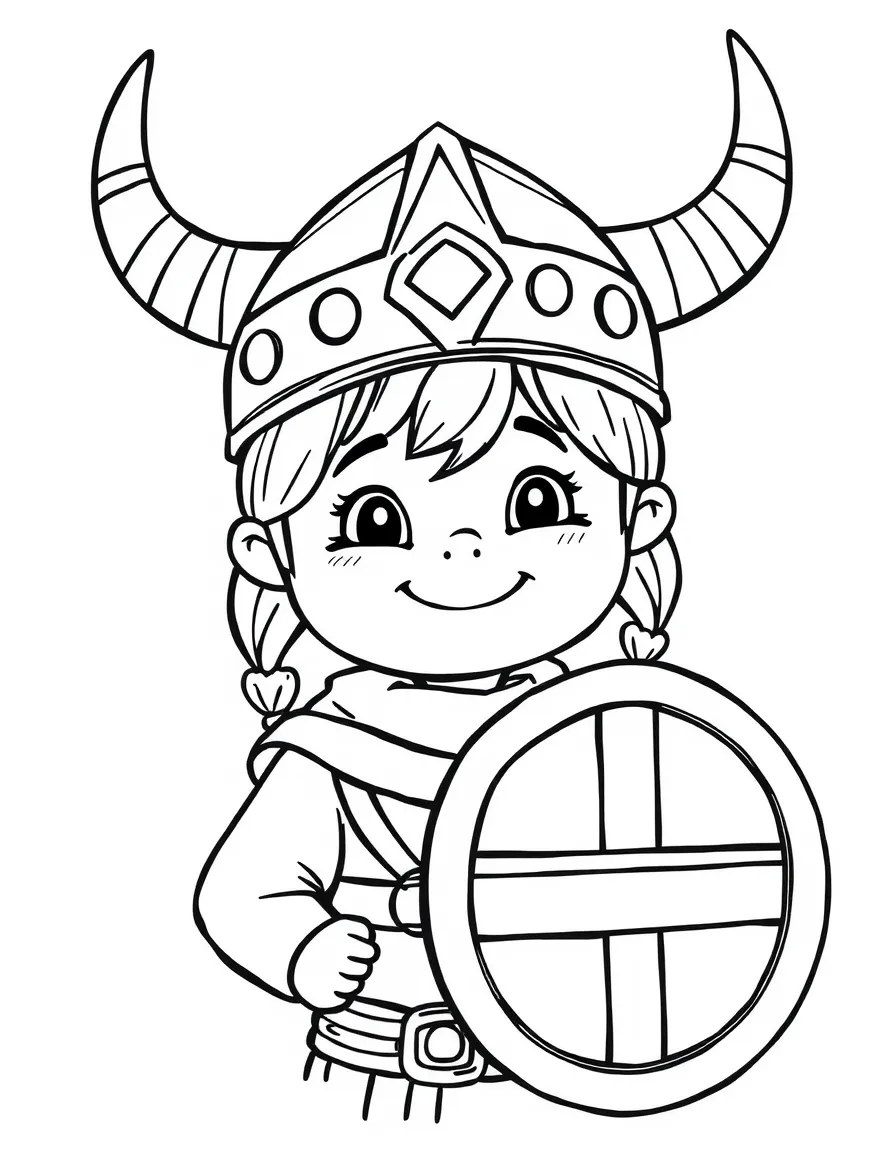 A smiling child with a Viking helmet and a shield for Norway.