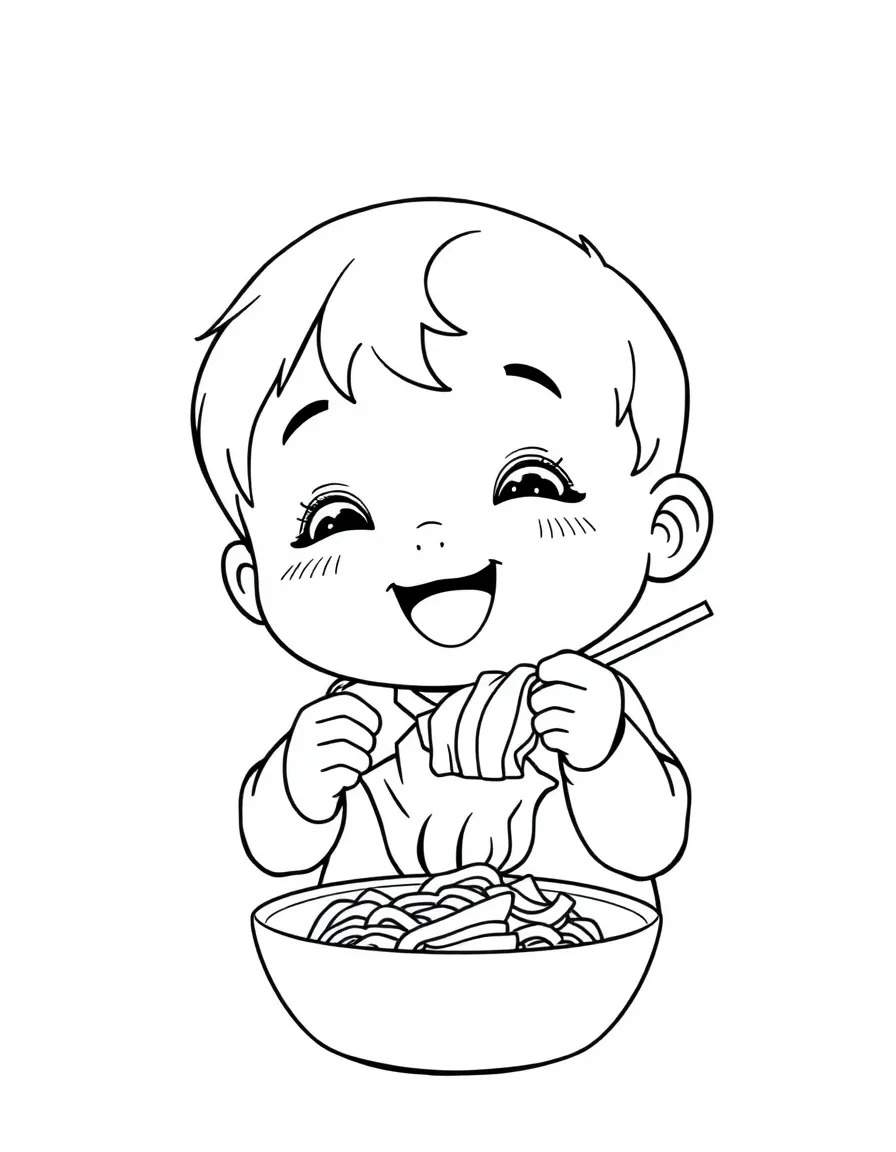 A happy child eating kimchi for South Korea.