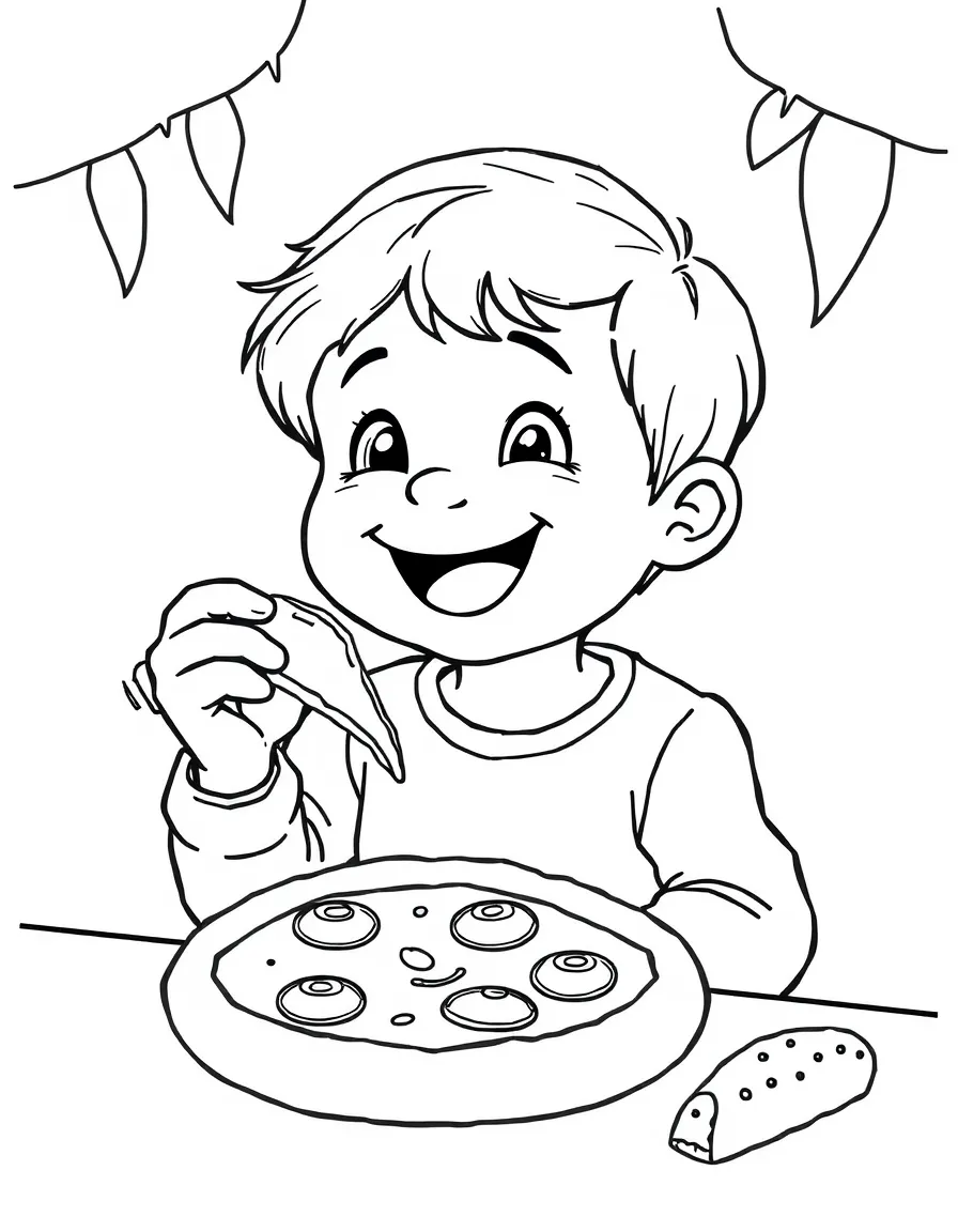 A happy child eating pizza for Italy.