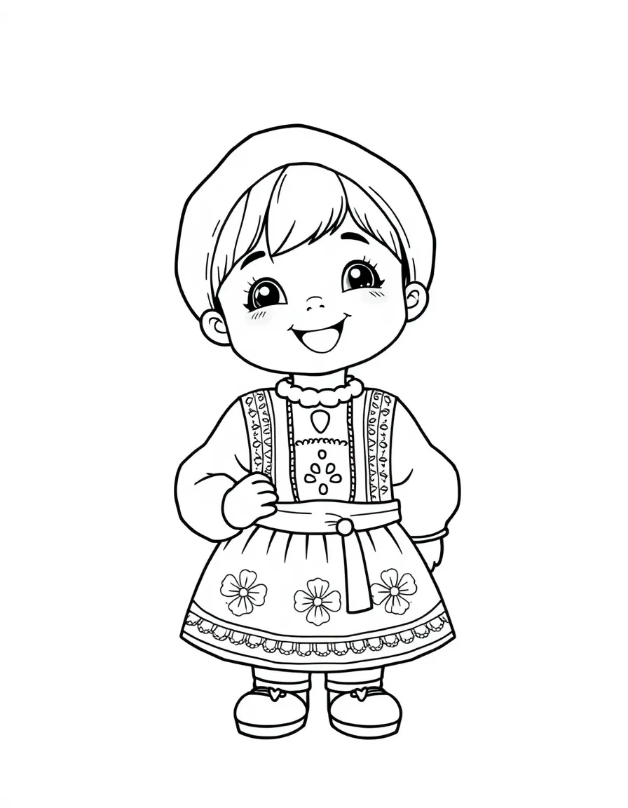 A cheerful child with a traditional Russian costume for Russia.