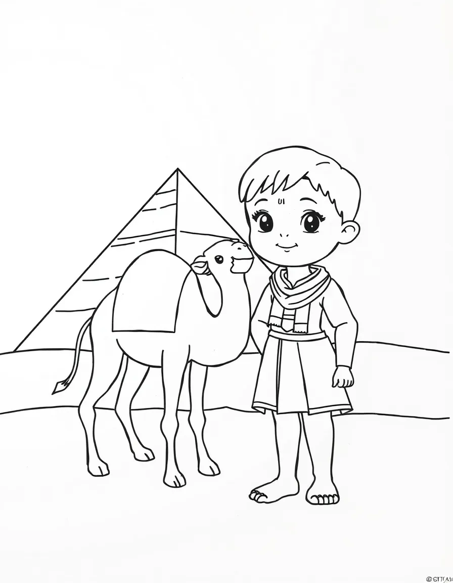 A child with a camel and a pyramid for Egypt.
