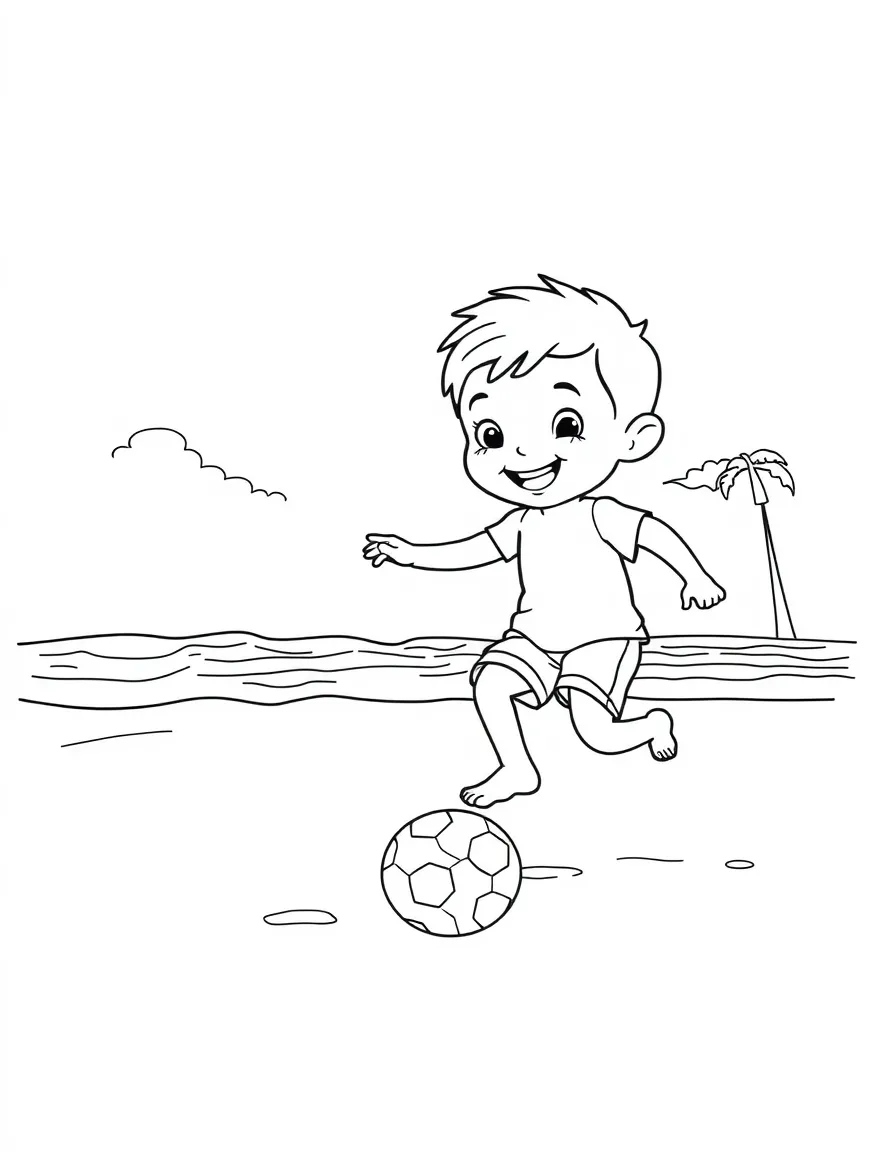 A smiling child playing soccer on the beach for Brazil.