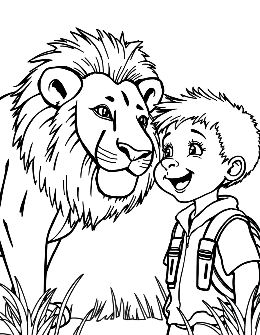 A cheerful child on a safari looking at a lion for Kenya.