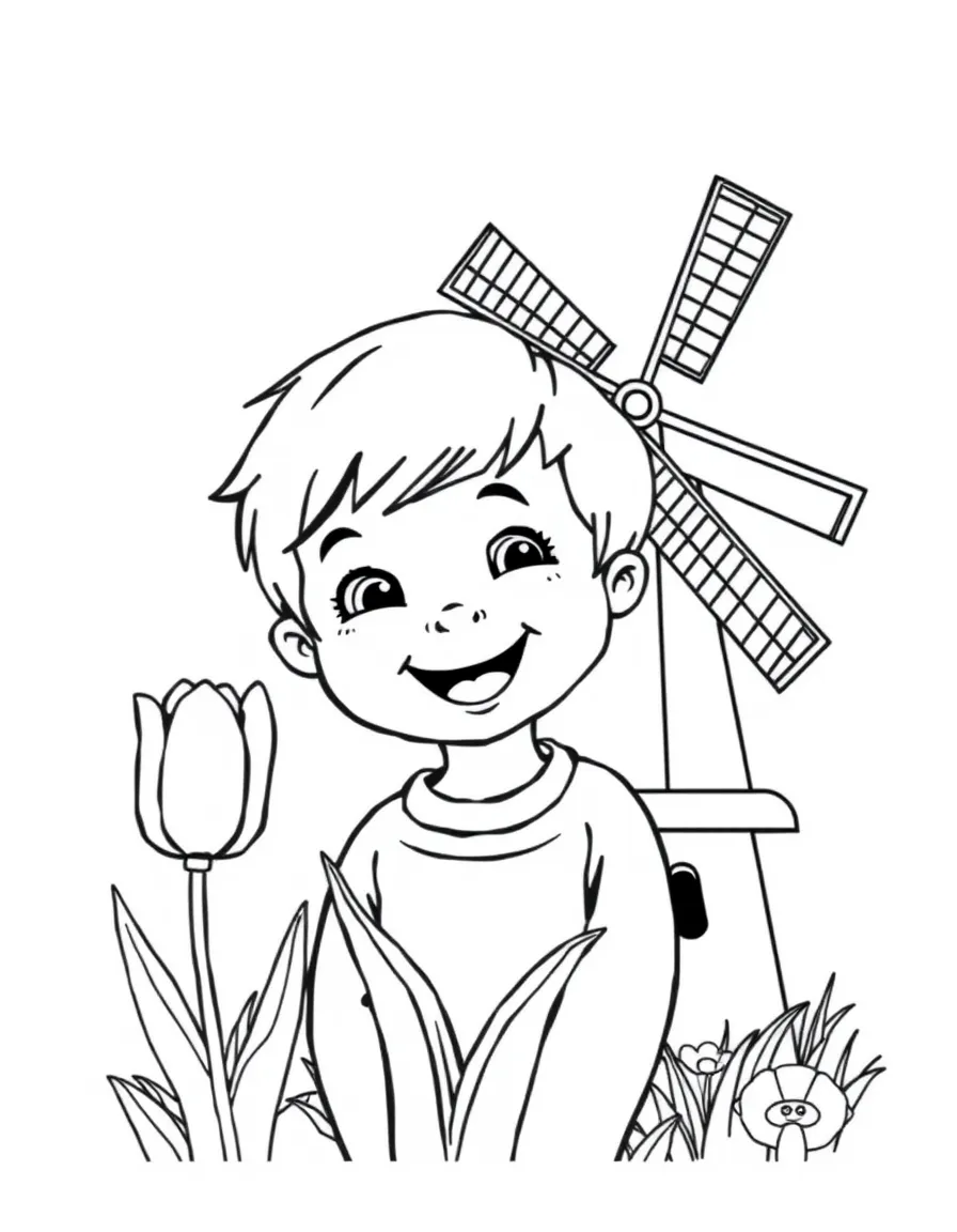 A smiling child with a tulip and a windmill for Netherlands.