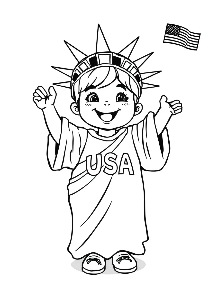 A cheerful child with a Statue of Liberty costume for USA.