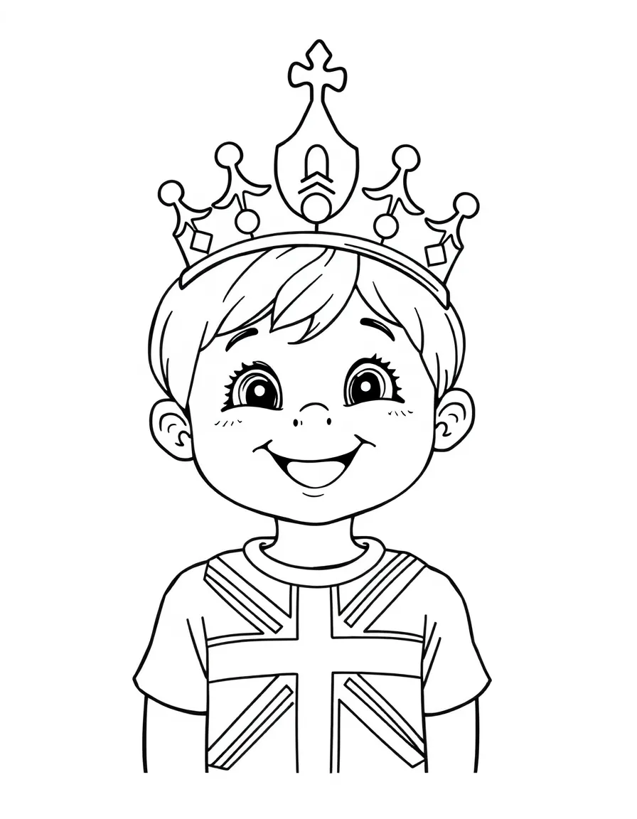 A smiling child with a crown and a British flag for United Kingdom.
