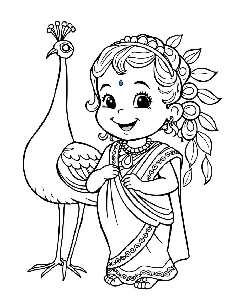 A happy child with a peacock and a sari for India.